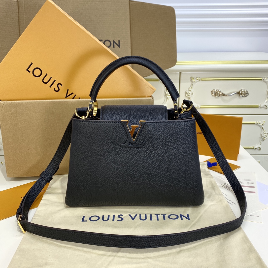 Louis Vuitton LV Capucines Bags Handbags Black Gold Hardware Taurillon Mini