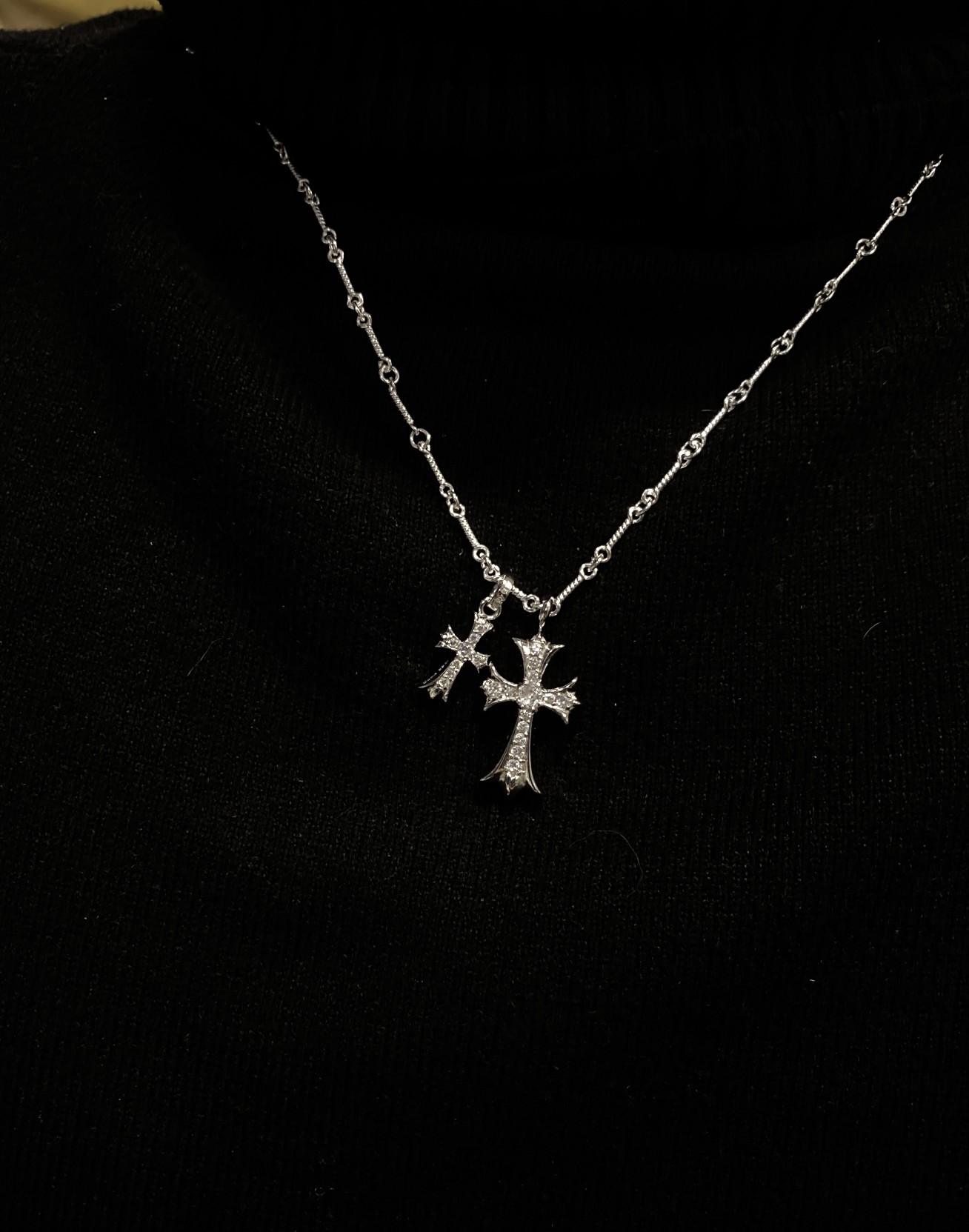 Chrome Hearts 𝐂𝐡𝐫𝐨𝐦𝐞 𝐡𝐞𝐚𝐫𝐭𝐬克罗心镀白金镶石大小十字架项链