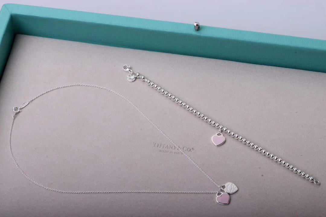 Tiffany & Co. Tiffany&Co.双心形珐琅粉心爱心吊坠手链