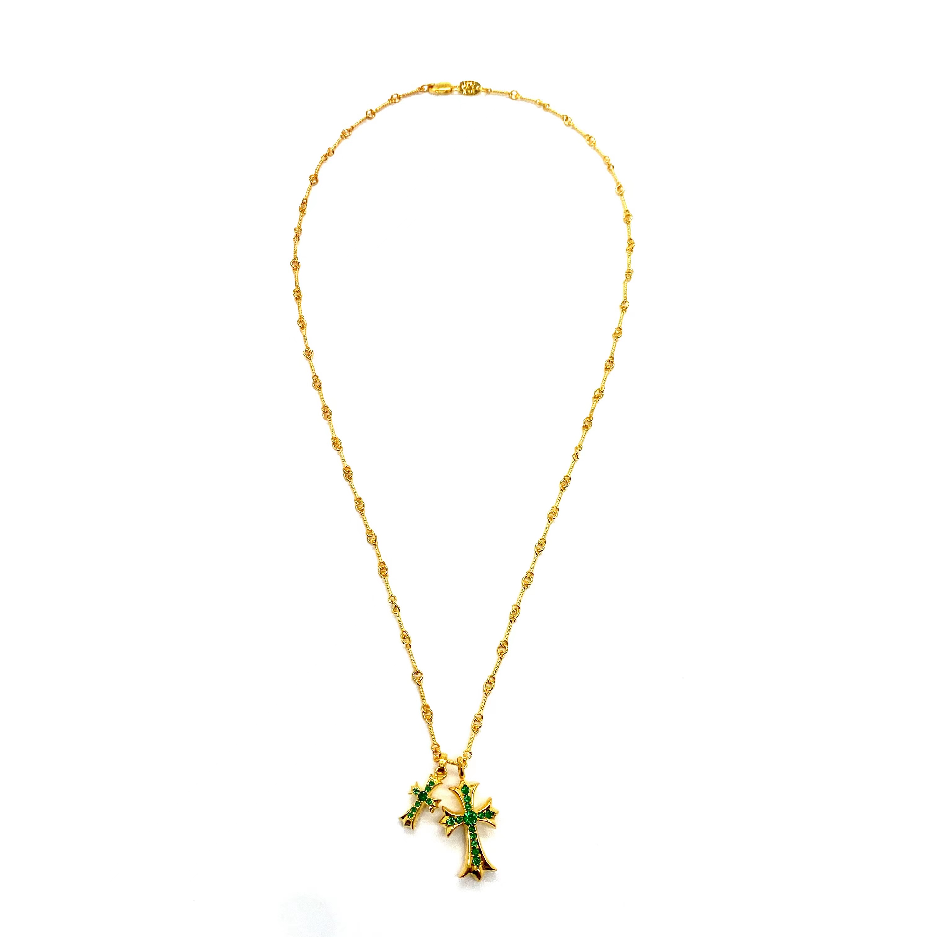 Chrome Hearts 𝐂𝐡𝐫𝐨𝐦𝐞 𝐡𝐞𝐚𝐫𝐭𝐬克罗心22k镀金绿钻双十字架项链
