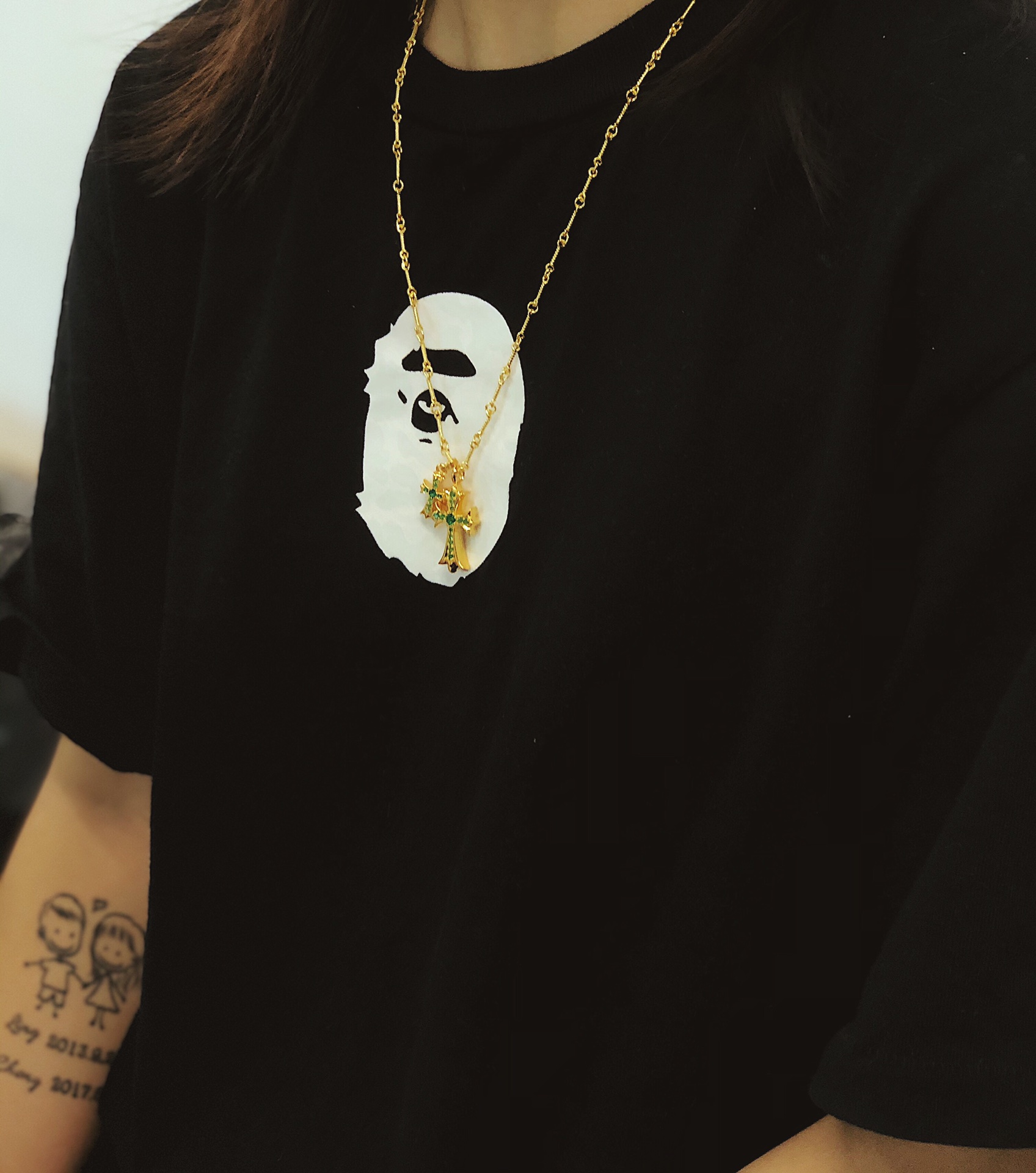 Chrome Hearts 𝐂𝐡𝐫𝐨𝐦𝐞 𝐡𝐞𝐚𝐫𝐭𝐬克罗心22k镀金绿钻双十字架项链