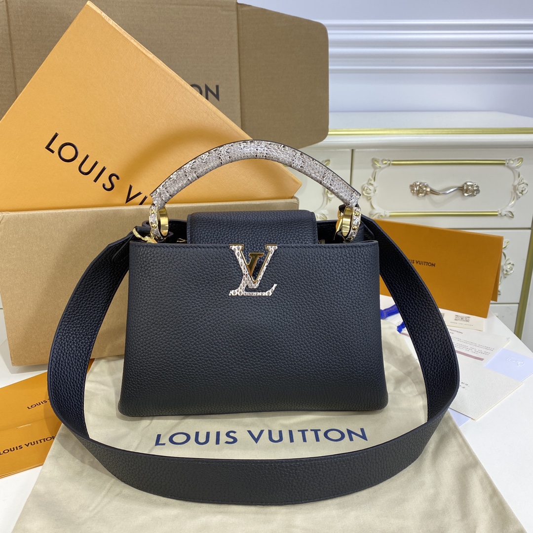 Louis Vuitton LV Capucines Top
 Bags Handbags Black Lychee Pattern All Steel Taurillon Cowhide Snake Skin Fashion Mini