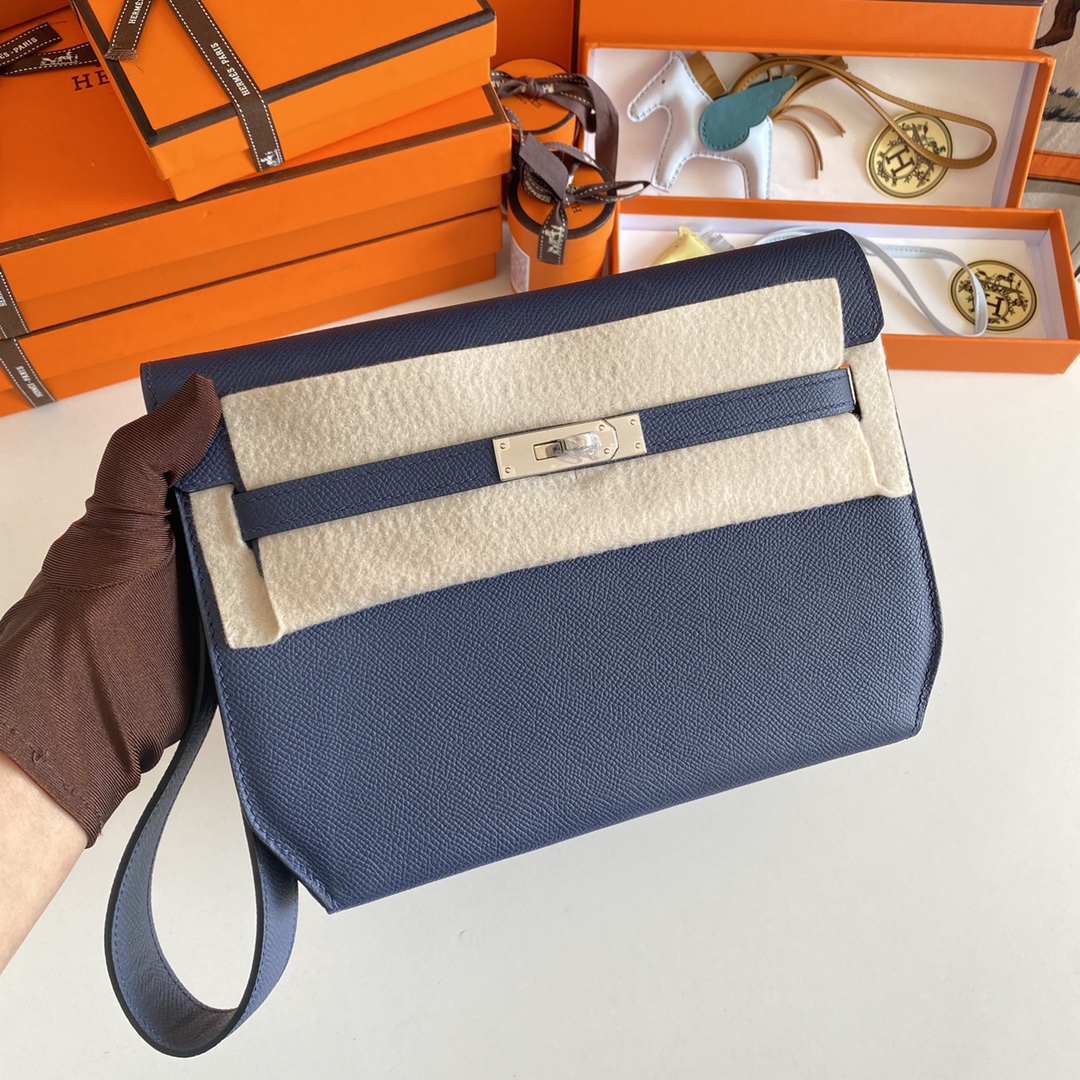 Hermes Kelly Handbags Clutches & Pouch Bags Crossbody & Shoulder Bags Blue Sewing Unisex Epsom