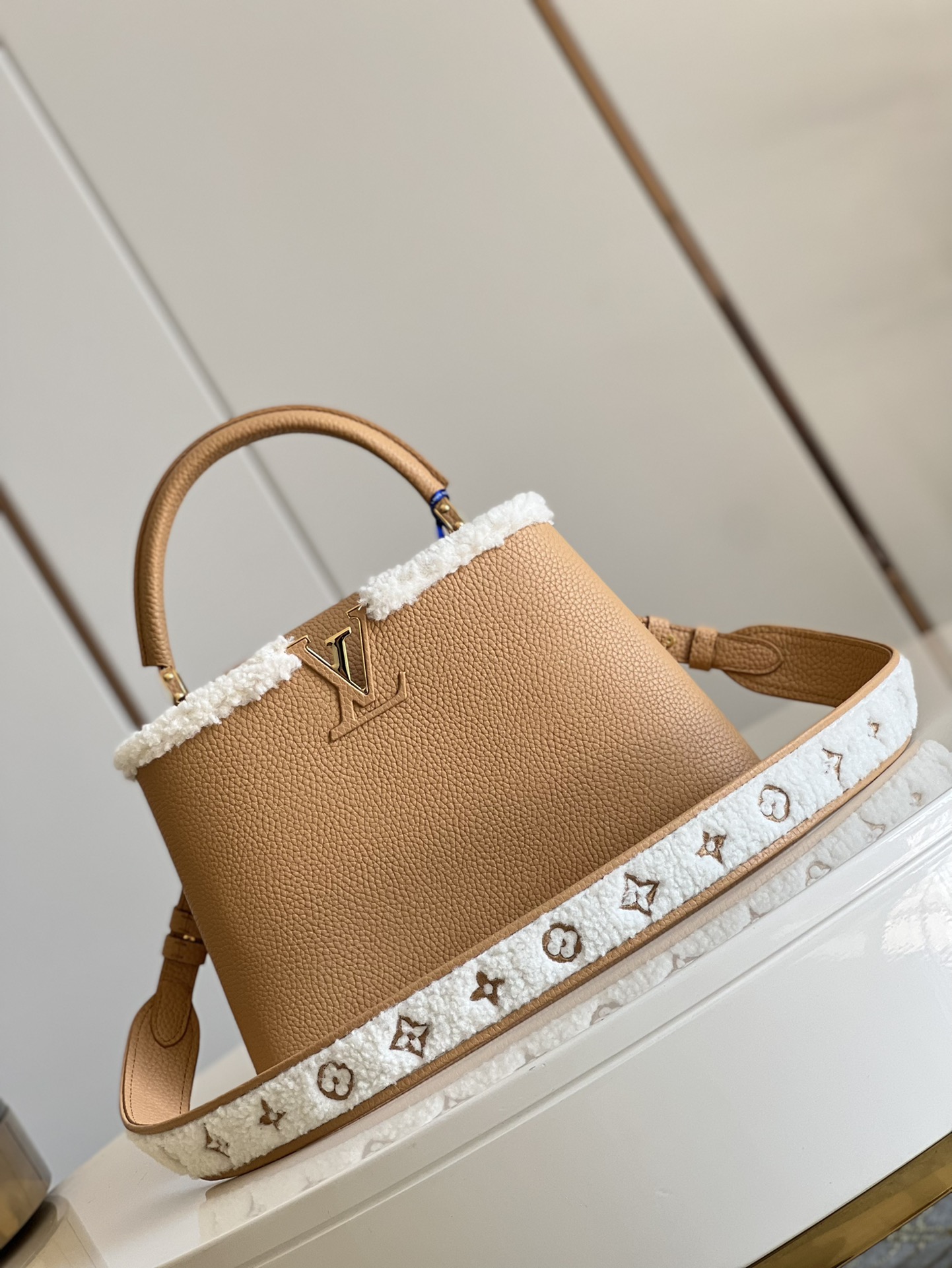 Louis Vuitton LV Capucines Bags Handbags Apricot Color Gold Yellow Taurillon Cowhide Wool Winter Collection M59073