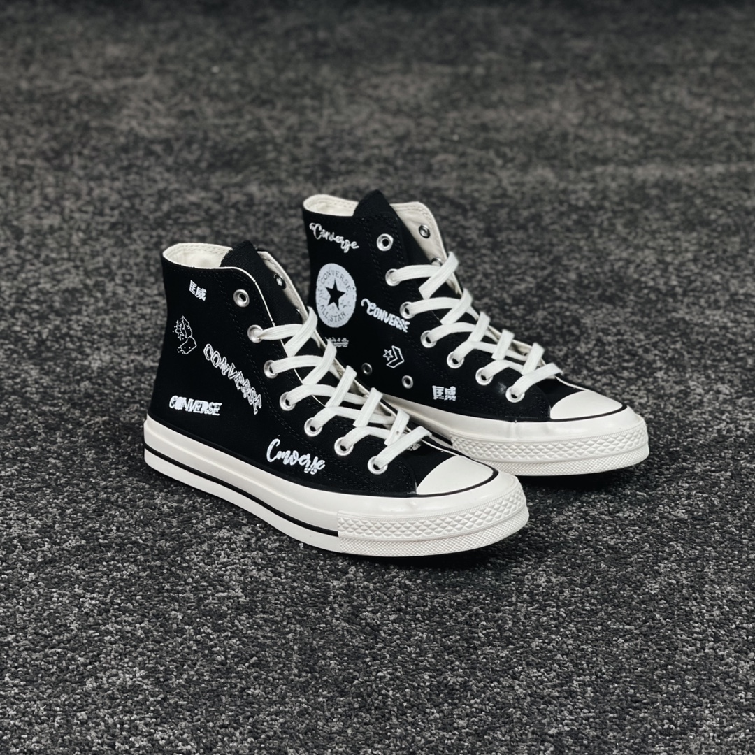 G0 小红书爆款 得物推荐Converse Chuck 1970s 涂鸦匡威经典黑白涂鸦花体Logo 休闲帆布鞋