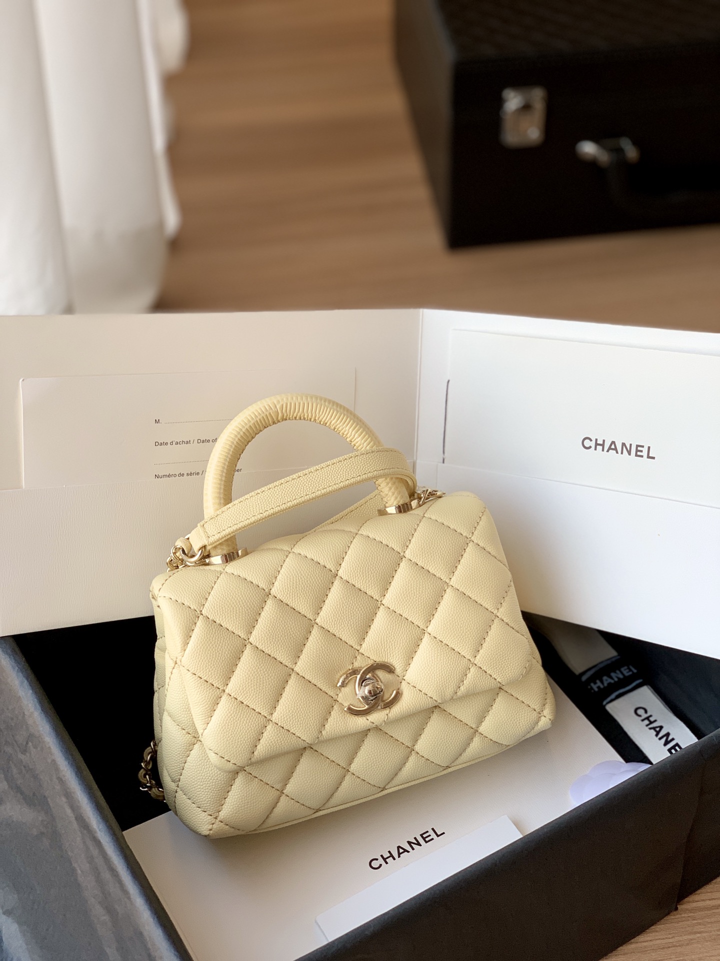 CHANEL Coco 19cm Handle 신상품 도마뱀 가죽 텍스처 엠보싱 + 송아지 가죽 핸들 라이트 골드 하드웨어
