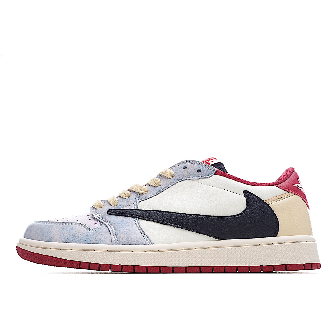 H0 当红嘻哈歌手特拉维斯·斯科特Travis Scott x Nike Air Jordan 1 Low OG SP”White/Red/Fog Blue”AJ1乔丹一代经典低帮文化百搭休闲运动篮球鞋“TS联名白红雾霾蓝倒钩” 官方