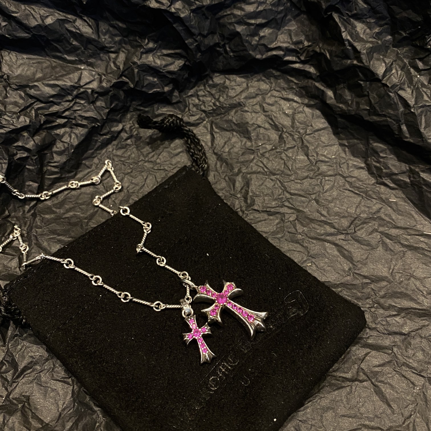 Chrome Hearts 𝐂𝐡𝐫𝐨𝐦𝐞 𝐡𝐞𝐚𝐫𝐭𝐬 克罗心红钻大小十字架项链