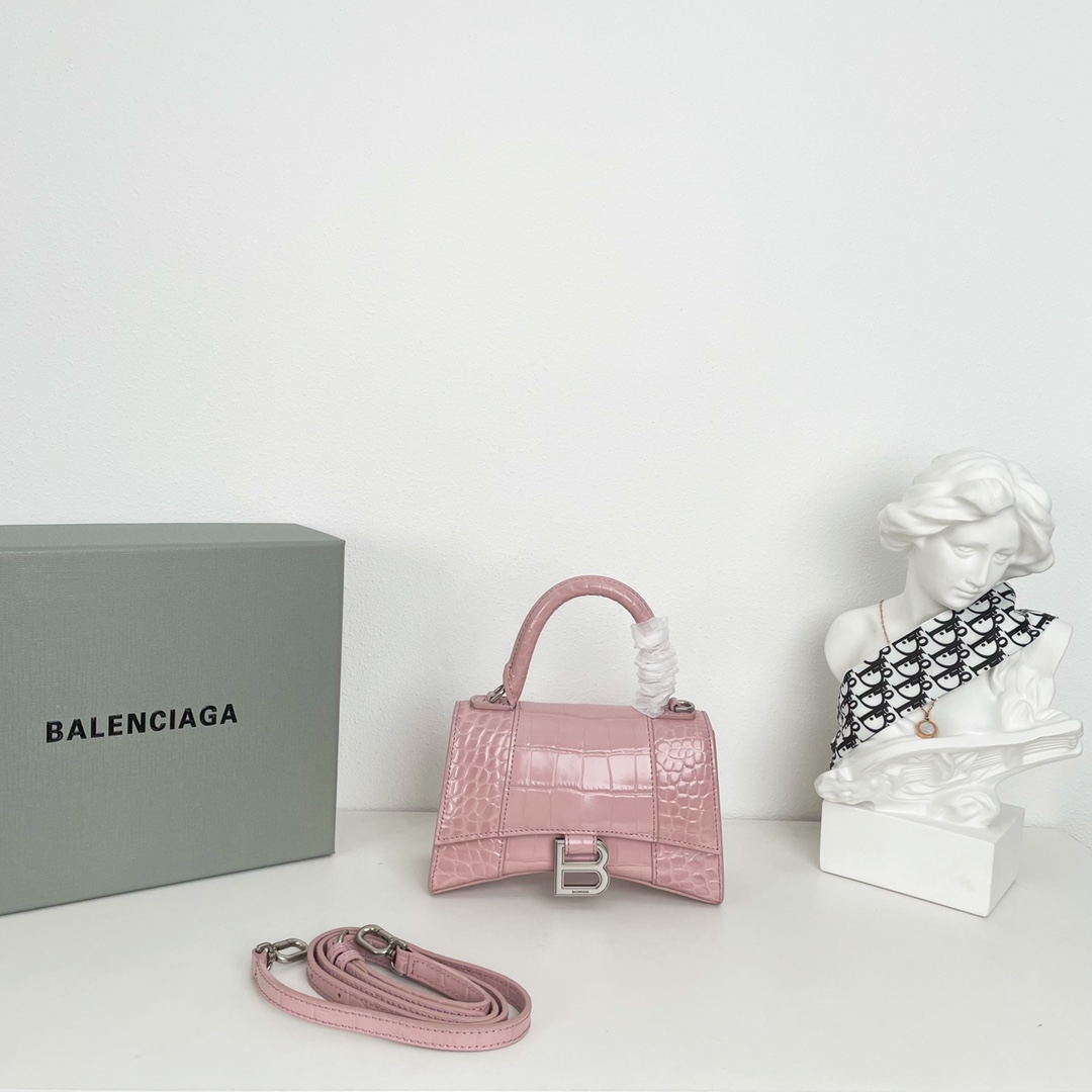 巴黎世家BalenciagaHourglass沙漏包XS小号1️9️cm清新甜美冰粉色进口小牛皮压纹鳄鱼