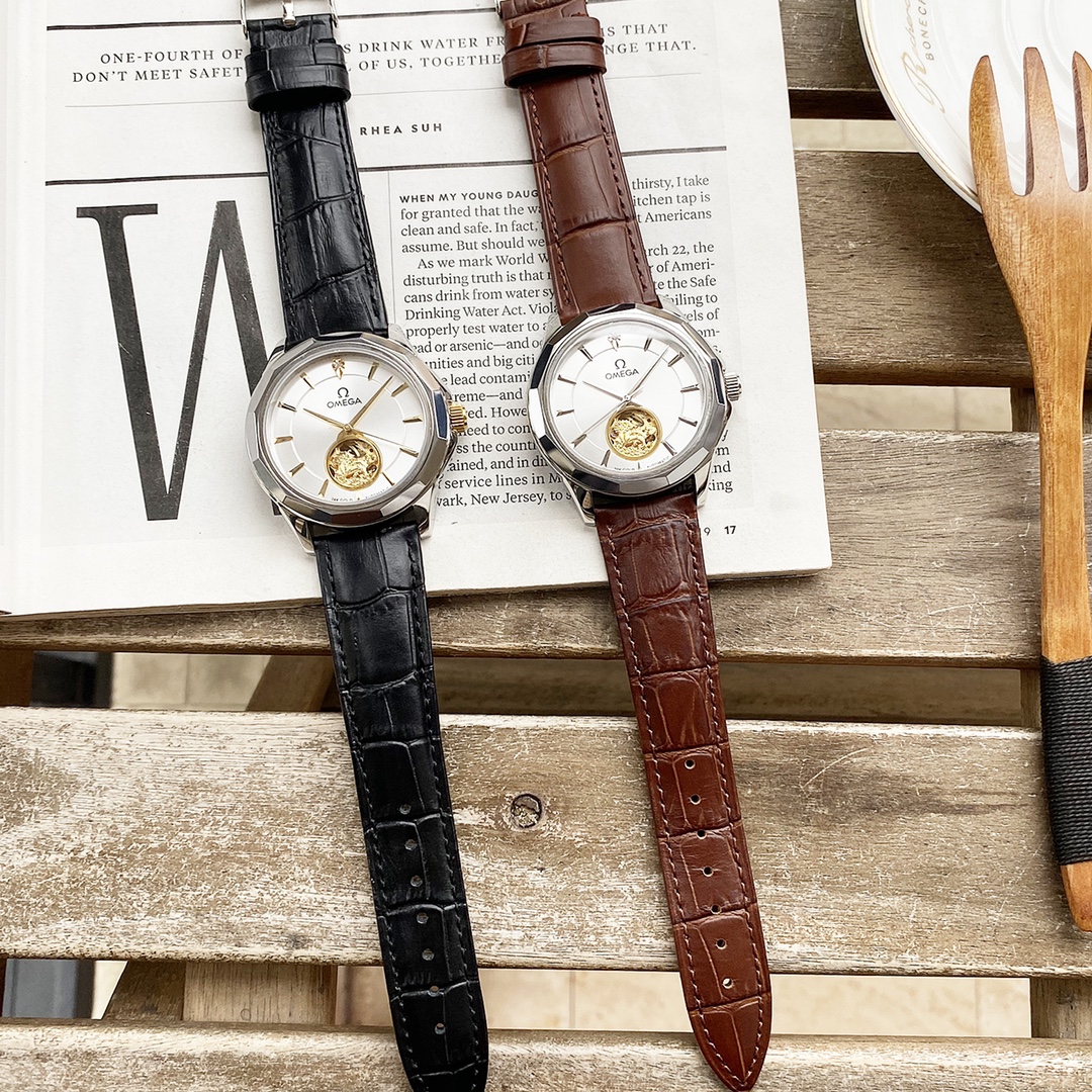 670   欧米茄  Omega  精品男士腕表，经典大三针设计，尊贵大气，绅士风范，卓越品质，热卖全城。采用进口西铁城金色机械机芯零返修，顶级316精钢表壳，进口小牛皮表带，蓝宝镜面，尺寸42*13