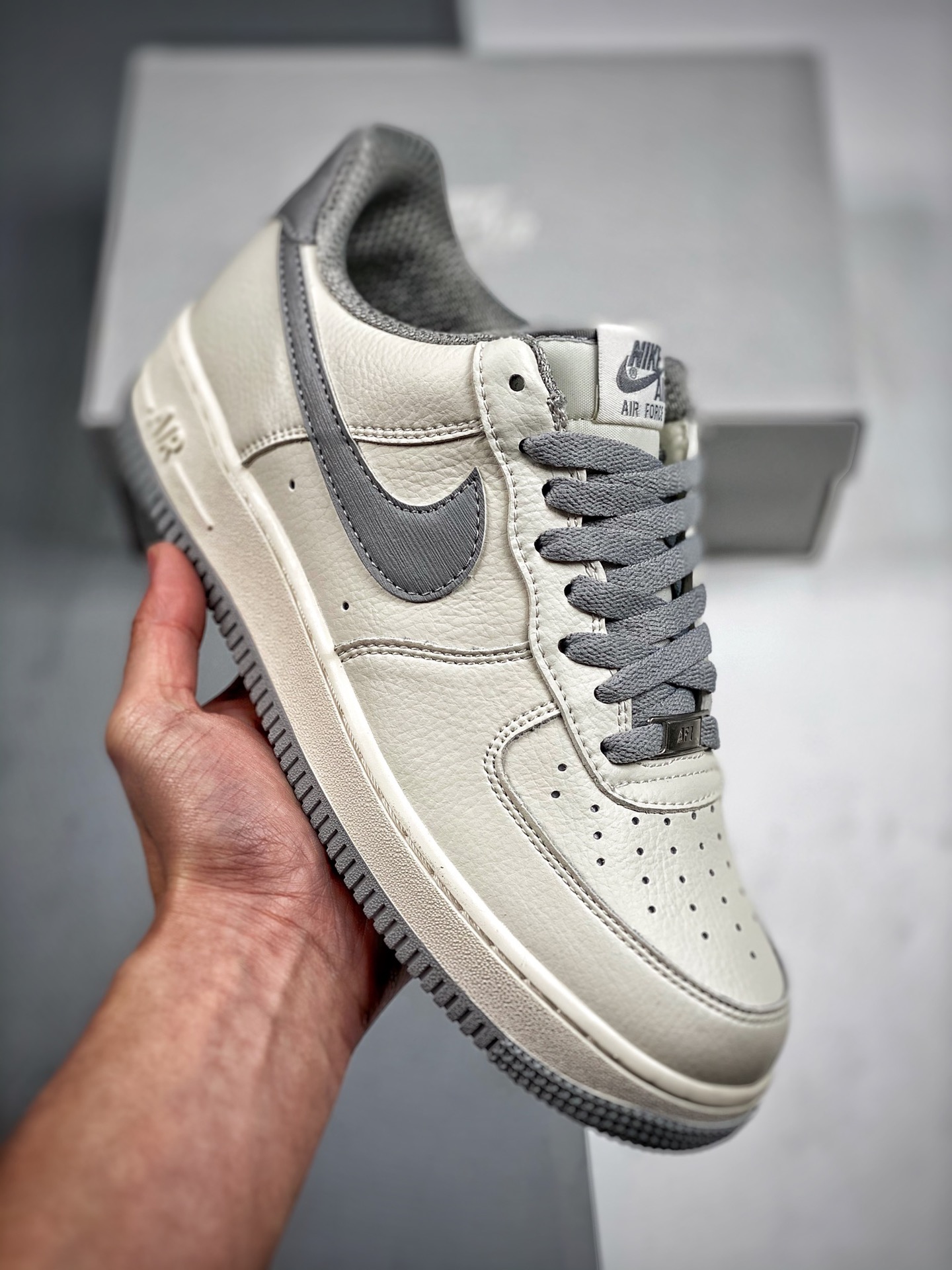 Nike Air Force 1 Low 07 beige plata gris, horma y papel originales, forma auténtica de Air Force, enfocado en canales d…