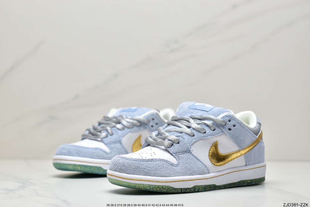 Sean Cliver x Nike SB DuNIKE Low Pro QS ”White/Psychic Blue-Metallic Gold” Buckle Backboard Shoes DC9936-100