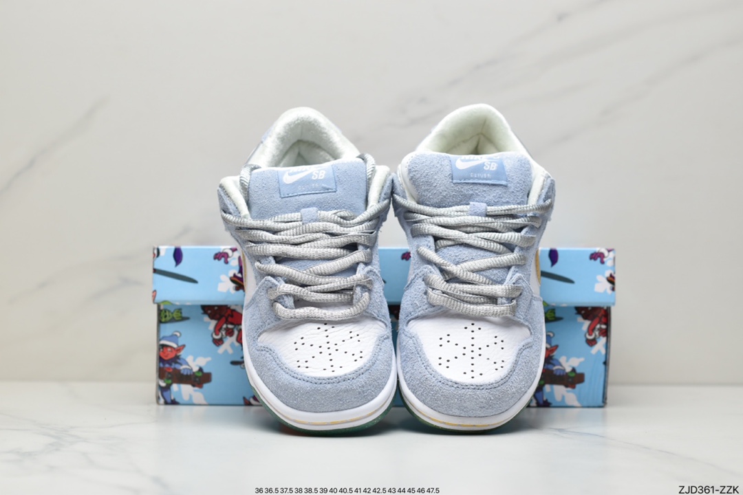 Sean Cliver x Nike SB DuNIKE Low Pro QS ”White/Psychic Blue-Metallic Gold” Buckle Backboard Shoes DC9936-100