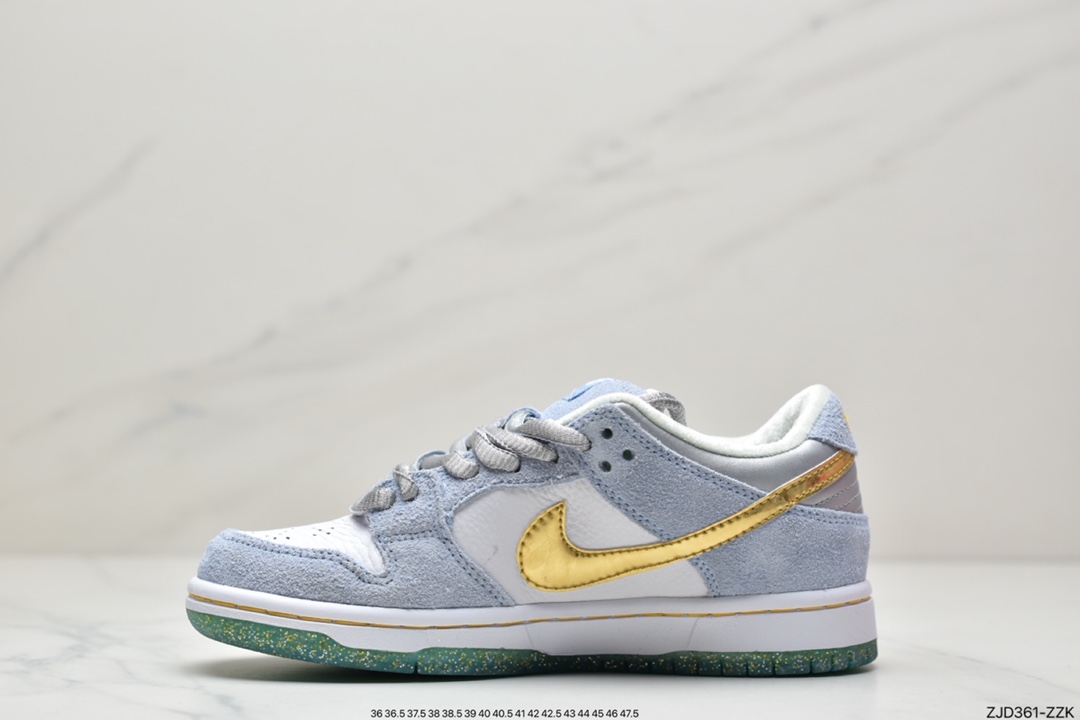 Sean Cliver x Nike SB DuNIKE Low Pro QS ”White/Psychic Blue-Metallic Gold” Buckle Backboard Shoes DC9936-100