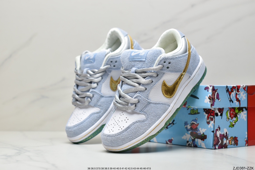 Sean Cliver x Nike SB DuNIKE Low Pro QS ”White/Psychic Blue-Metallic Gold” Buckle Backboard Shoes DC9936-100