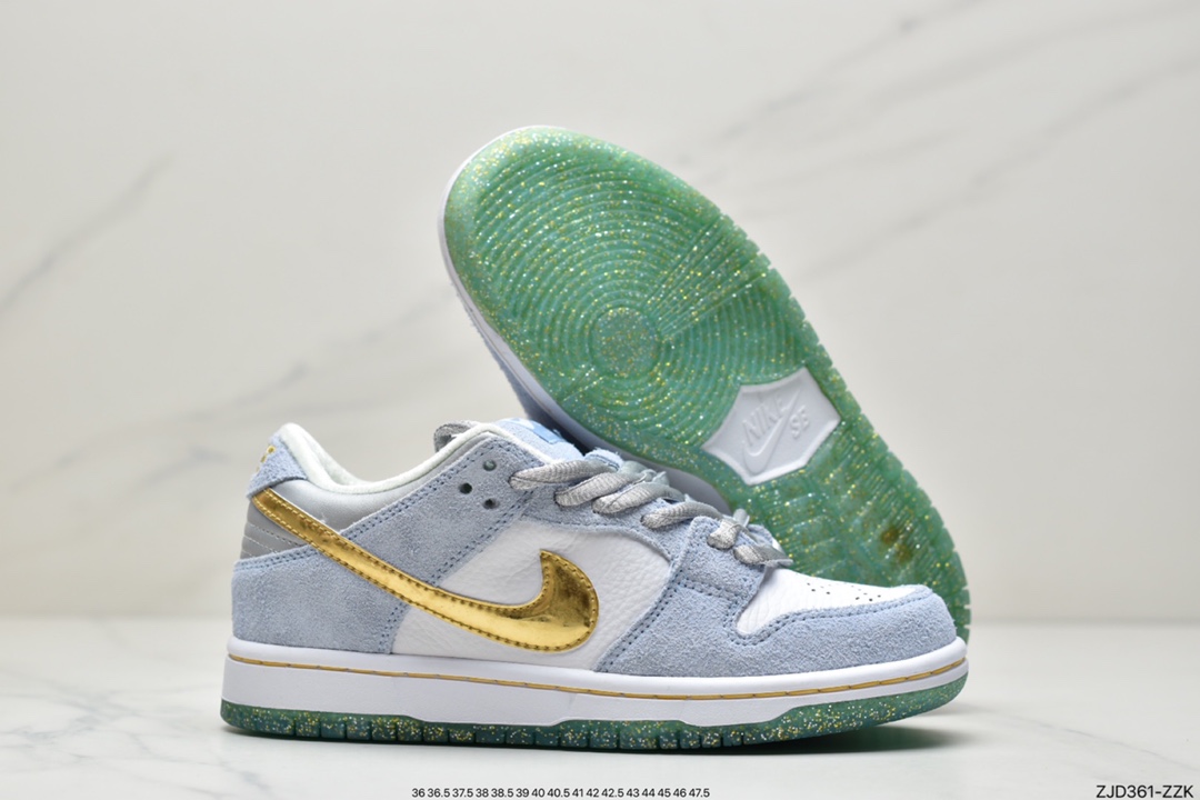 Sean Cliver x Nike SB DuNIKE Low Pro QS ”White/Psychic Blue-Metallic Gold” Buckle Backboard Shoes DC9936-100