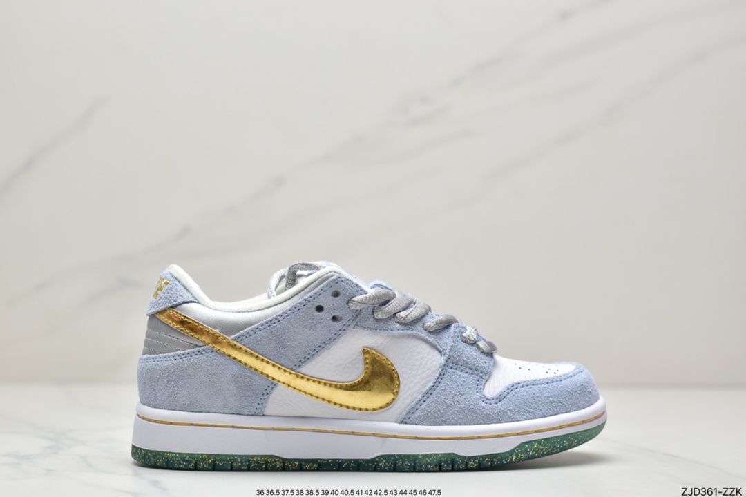 Sean Cliver x Nike SB DuNIKE Low Pro QS ”White/Psychic Blue-Metallic Gold” Buckle Backboard Shoes DC9936-100