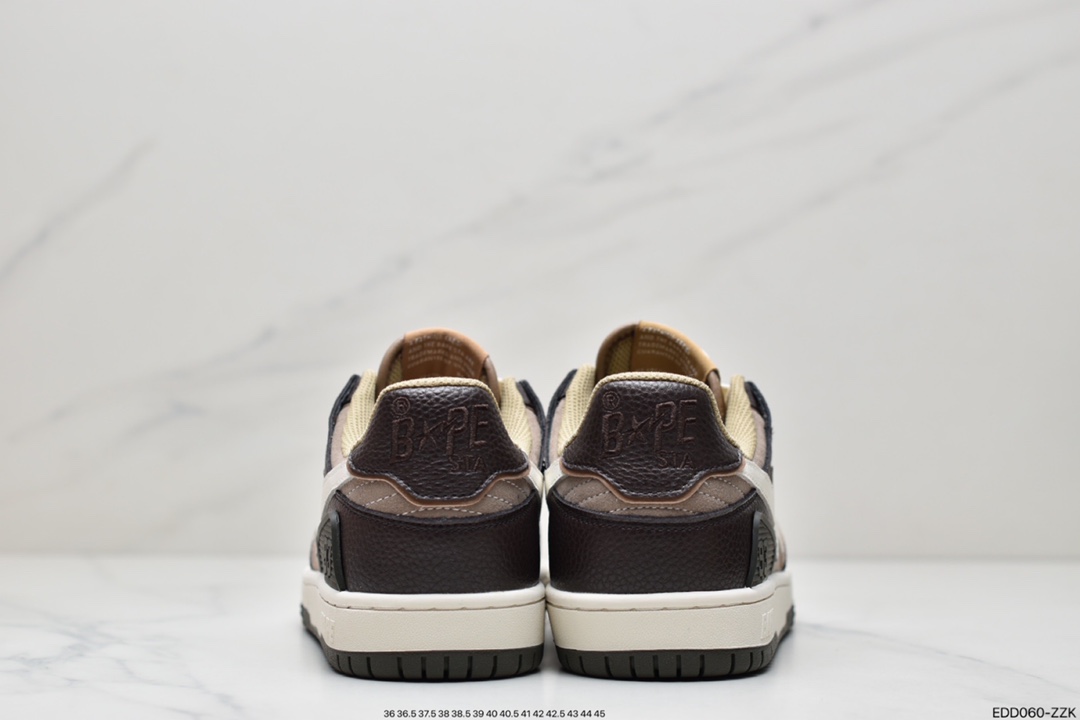 A Bathing Ape BAPE Sk8 Sta Low SK8 series low-top casual sports skateboard shoes ”leather coffee mocha dark brown and white” 1H80-191-013