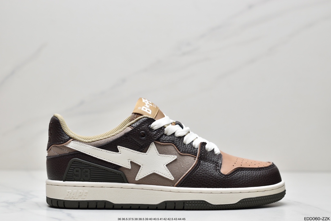 A Bathing Ape BAPE Sk8 Sta Low SK8 series low-top casual sports skateboard shoes ”leather coffee mocha dark brown and white” 1H80-191-013