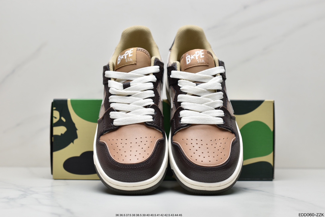 A Bathing Ape BAPE Sk8 Sta Low SK8 series low-top casual sports skateboard shoes ”leather coffee mocha dark brown and white” 1H80-191-013