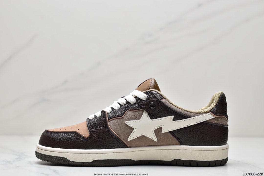 A Bathing Ape BAPE Sk8 Sta Low SK8 series low-top casual sports skateboard shoes ”leather coffee mocha dark brown and white” 1H80-191-013