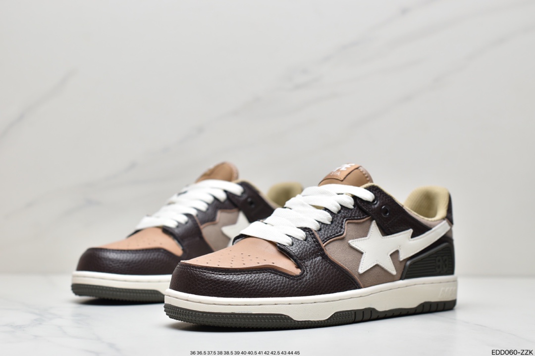 A Bathing Ape BAPE Sk8 Sta Low SK8 series low-top casual sports skateboard shoes ”leather coffee mocha dark brown and white” 1H80-191-013