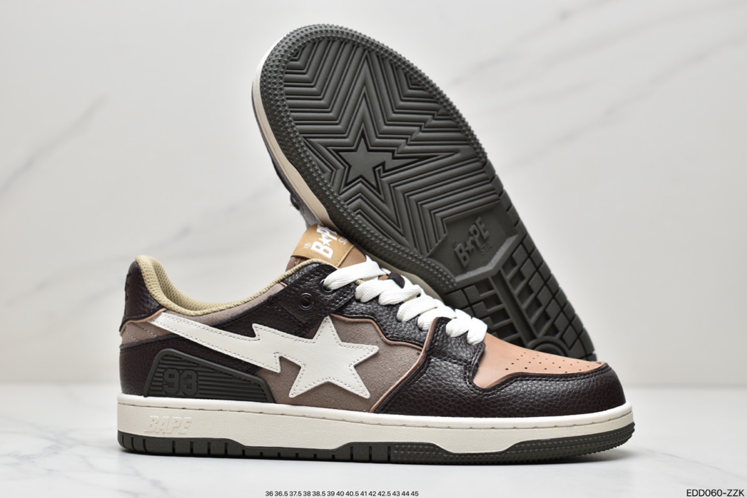 A Bathing Ape BAPE Sk8 Sta Low SK8 series low-top casual sports skateboard shoes ”leather coffee mocha dark brown and white” 1H80-191-013