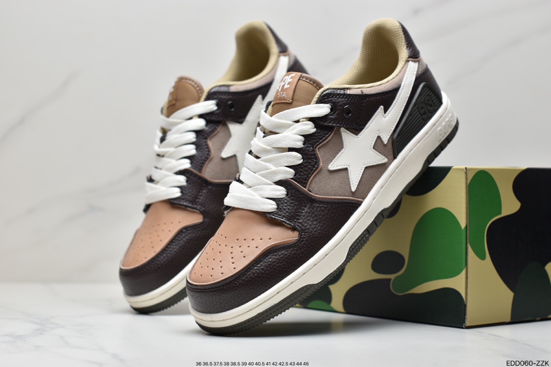 A Bathing Ape BAPE Sk8 Sta Low SK8 series low-top casual sports skateboard shoes ”leather coffee mocha dark brown and white” 1H80-191-013