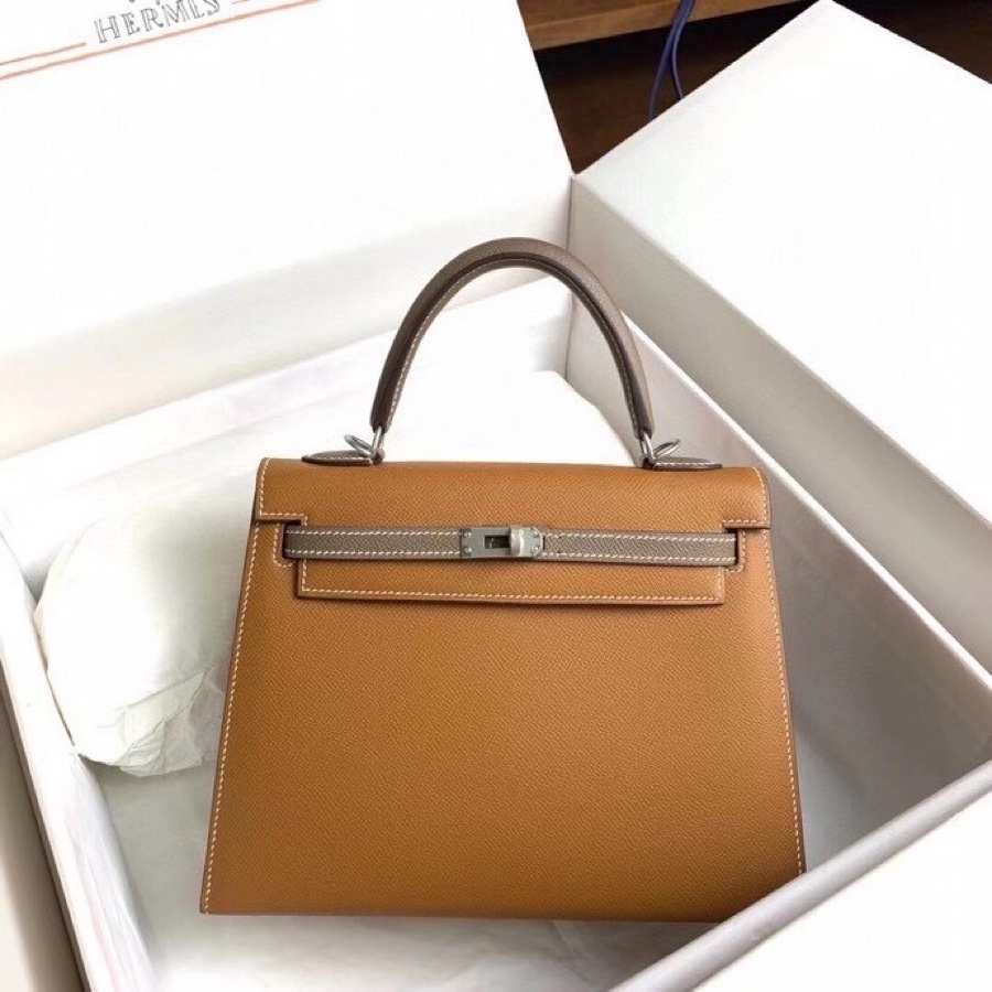 NO:811668,Kelly color matching 25cm esom leather golden brown with elephant gray, Hermes, hermes, Hermes,19860909Kelly 拼色 25cm esom 皮 金棕色拼大象灰,爱马仕,hermes,Hermes,,Bag
