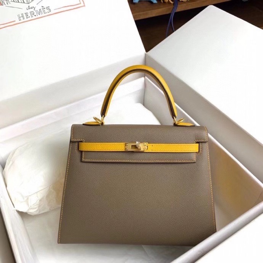 NO:811664,Kelly color matching 25cm esom leather asphalt gray and amber yellow, Hermes, hermes, Hermes,19860909Kelly 拼色 25cm esom 皮 沥青灰拼琥珀黄,爱马仕,hermes,Hermes,,Bag