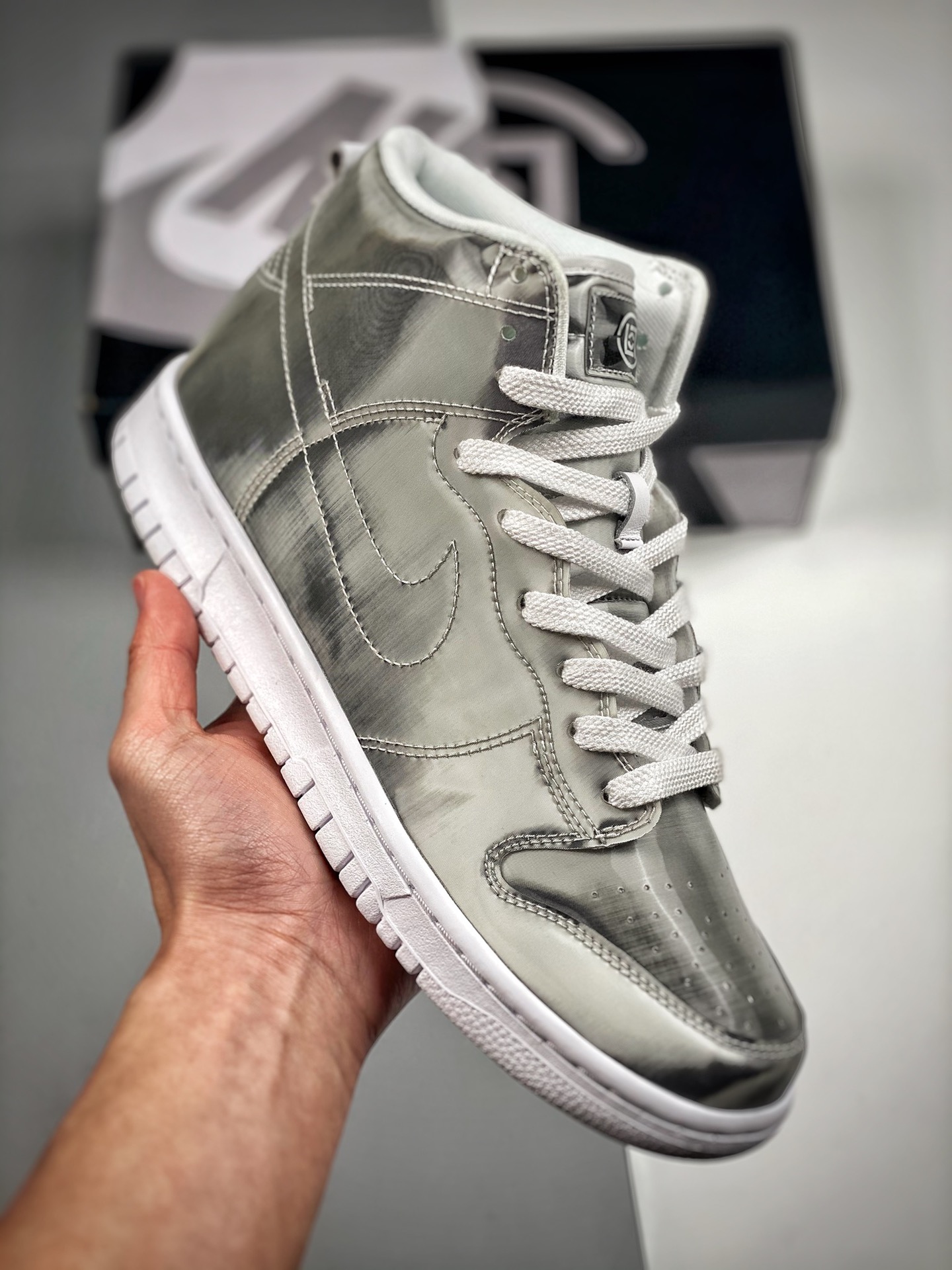 Clot x Nike Dunk High "ICE" edición conjunta de Edison Chen, color plateado metálico, tarjeta flash, zapatillas de skat…