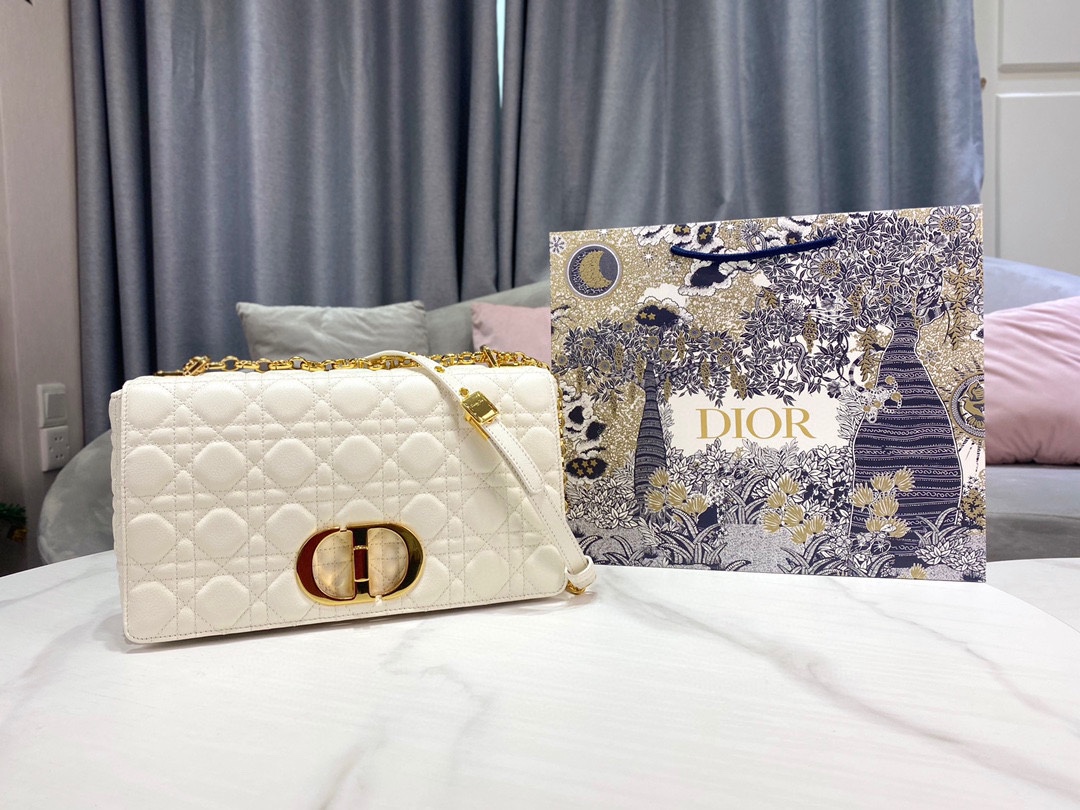 Dior Caro Bags Handbags Gold White Embroidery Vintage Cowhide