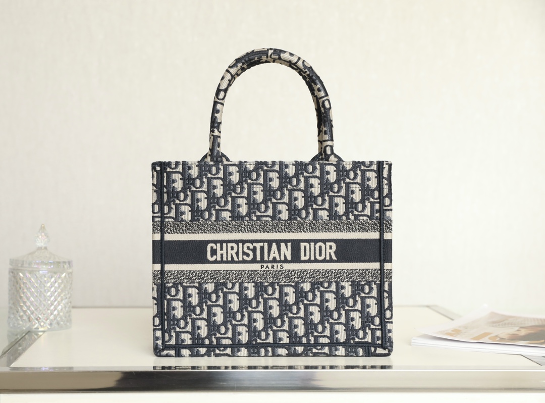 Dior Book Tote Handbags Tote Bags Blue Embroidery Canvas Oblique Mini