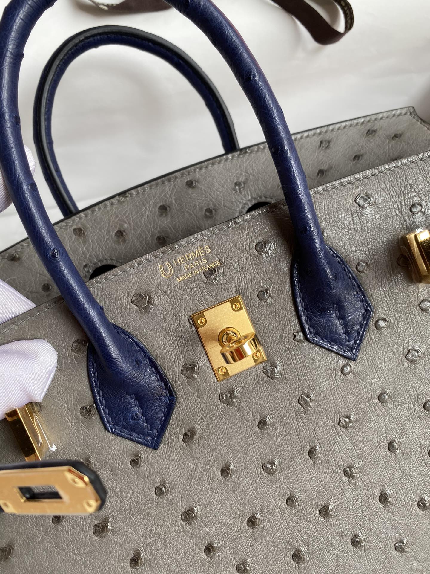 Acquista la replica di alta qualità a buon mercato 1: 1 Hermes Birkin Borse Borsette Blu Grigio Turtle Dove Grey Hardware oro Cuoio struzzo 7 i1645778016 1507 5
