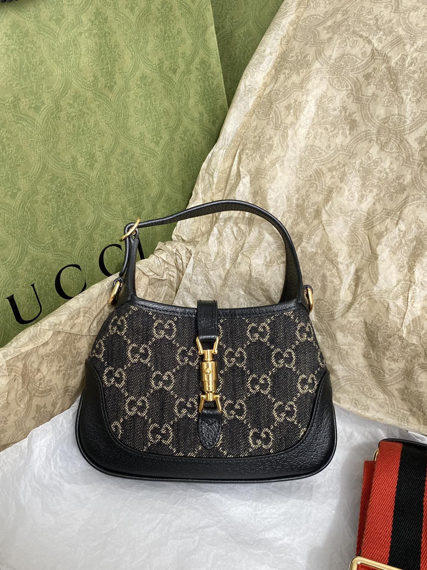 GUCCI Jackie міні-сумка чорны джынсавы дэнім састарэлая апрацоўка рэтра стыльная тканіна на заказ з Тайваня-топ якасць