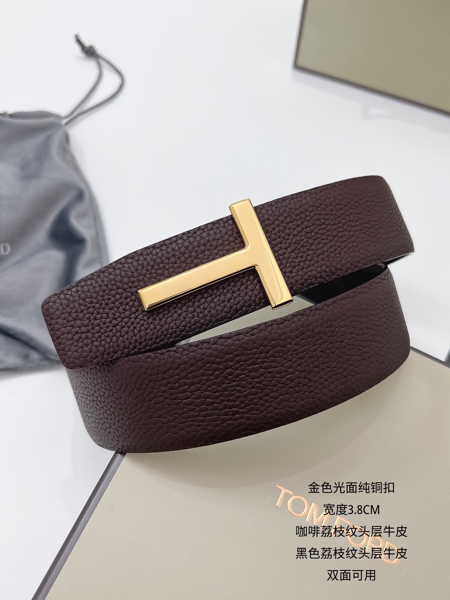 NO:336818,Tom Ford Original Single Product Width 3.8cm Classic lychee pattern head layer cowhide, two-color combination, double-sided available. Classic T-shaped pure copper buckle (optional in multiple colors), belt, cowhide19860909汤姆福特 原单货品 宽度 3.8cm  经典荔枝纹头层牛皮,双色搭配,双面可用. 经典T字形纯铜扣头（多色可选）,皮带,cowhide,Belt