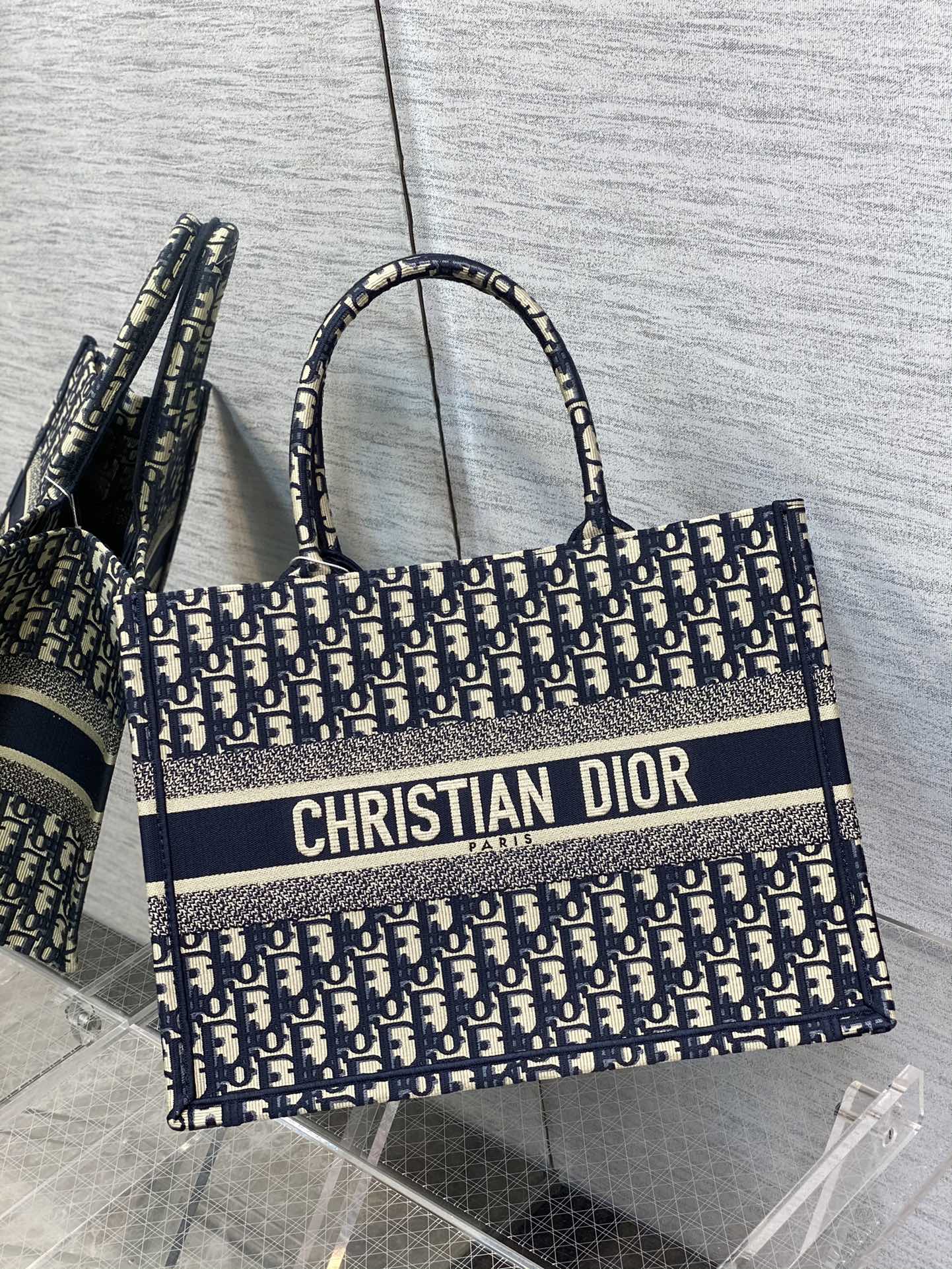 Dior Tote Bags Blue Embroidery Oblique