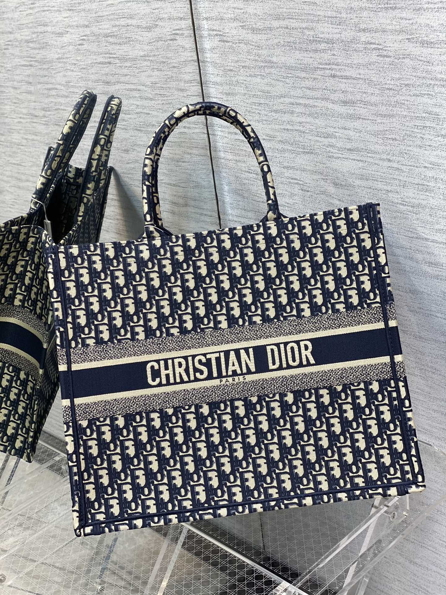 Dior Tote Bags Blue Embroidery Oblique