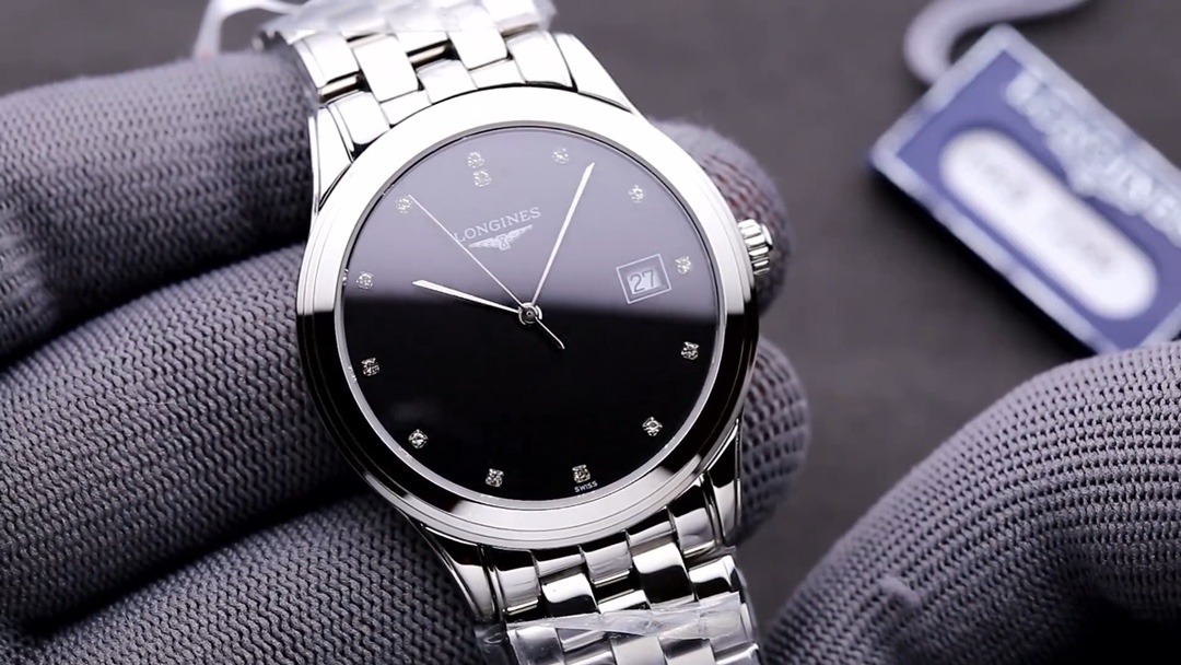 Longines Flagship Series Stainless Steel Watch with Black Dial and Diamond Markers