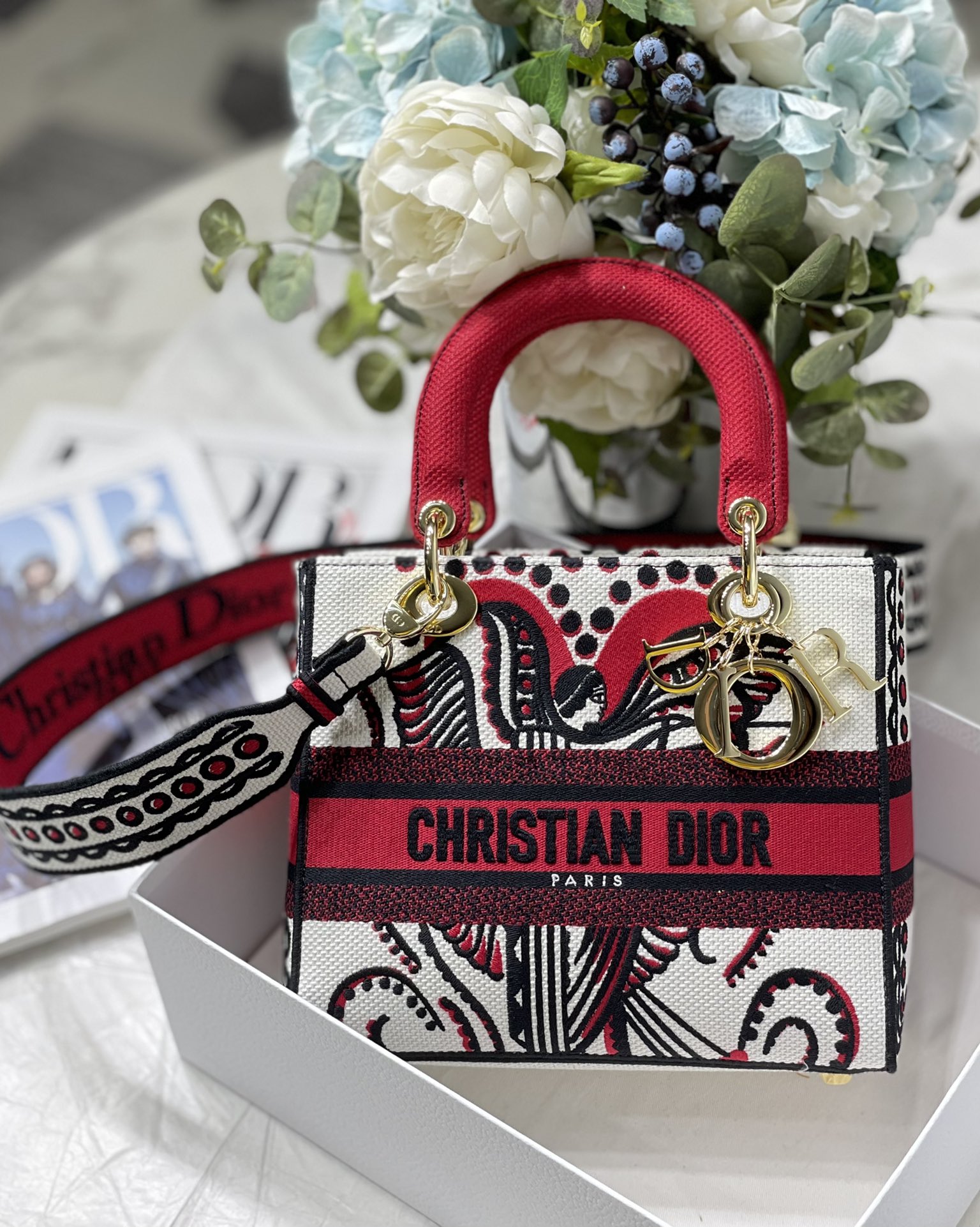 DIOR Lady Dior bag embroidery fabric wide shoulder strap
