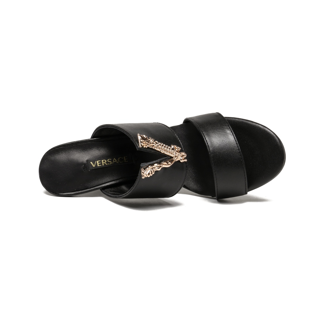 35-42 yardas, fábrica Versace tacón alto V hebilla sandalias zapatillas, tela de piel de vaca, forro