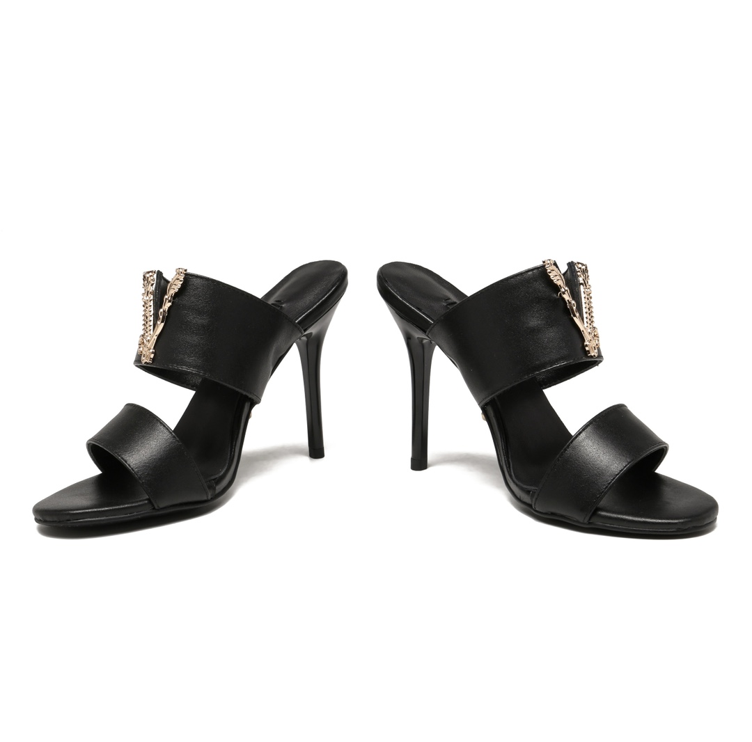 35-42 yardas, fábrica Versace tacón alto V hebilla sandalias zapatillas, tela de piel de vaca, forro