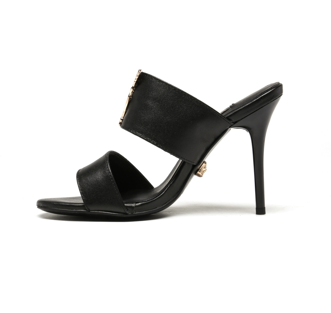 35-42 yardas, fábrica Versace tacón alto V hebilla sandalias zapatillas, tela de piel de vaca, forro