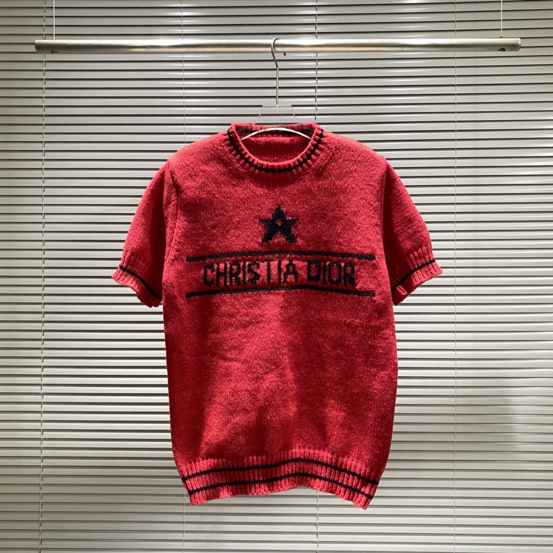 Dior dr color sólido letras de estrellas logo jacquard cuello redondo mangas cortas de punto Color: azul rosa rojo blan…