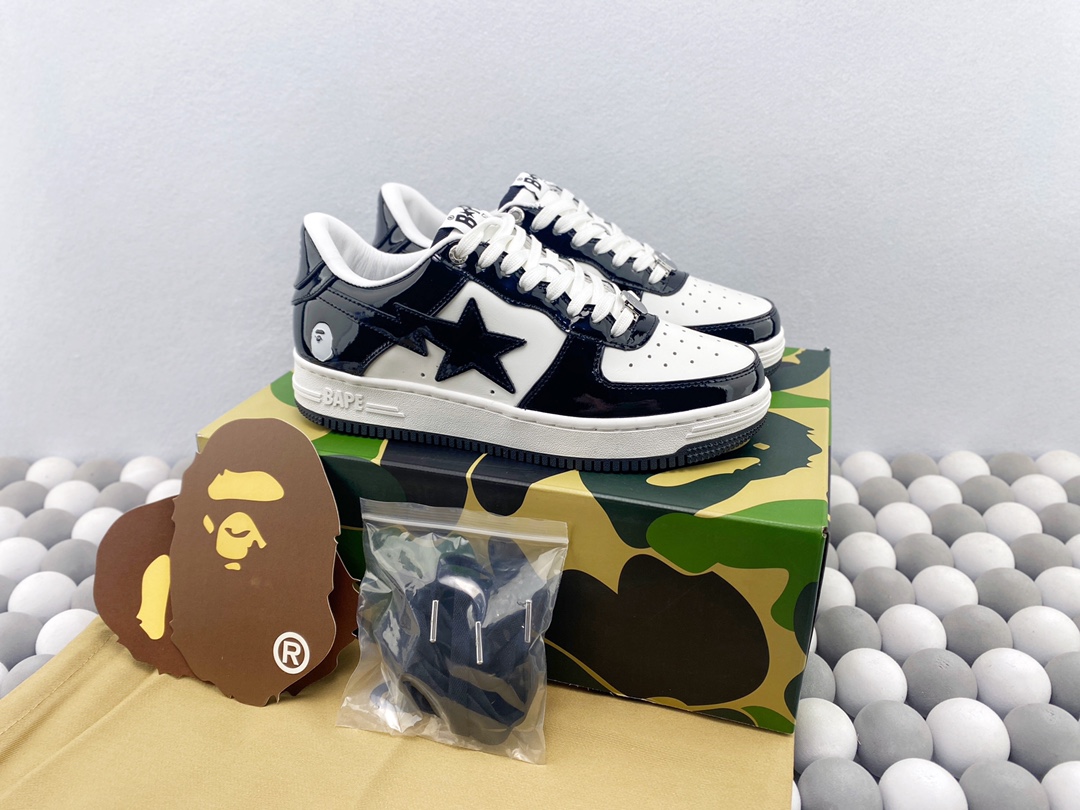 Se envía BAPE STA LOW charol negro. Desarrollo de cartón original. Charol personalizado. La mejor piel de vacuno de pri…