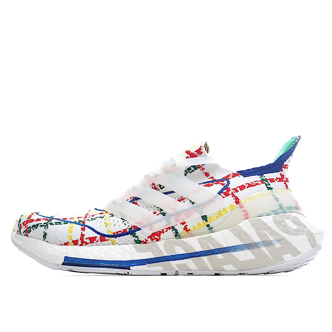 I0 Palace x Ad Ultra Boost 2021 GY5556 联名款 阿迪达斯新款7.0厚底爆米花跑鞋中底的配置仍然是全掌 Boost 材质，后跟处的 Boost 材质相较以往也有了肉眼可见的增幅，带来相当澎湃的脚感。最后，鞋尾还专门印有 Palace UB21 的标识，进一步凸显特殊配色身份。鞋面材质依旧是 Primeknit 科技，保证足够的透气性。鞋舌与中底 Boost 后跟分别缀以 Palace Logo 和品牌大写字样，联名身份一览无遗。