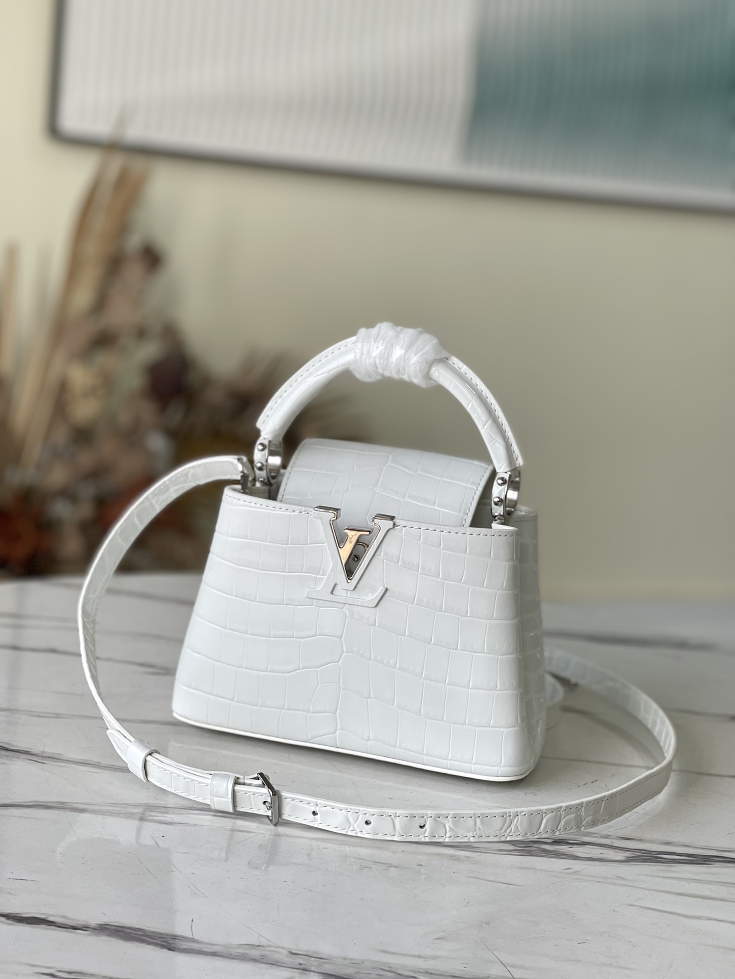 Louis Vuitton LV Capucines Bags Handbags White Crocodile Leather Goat Skin Sheepskin Mini N94227