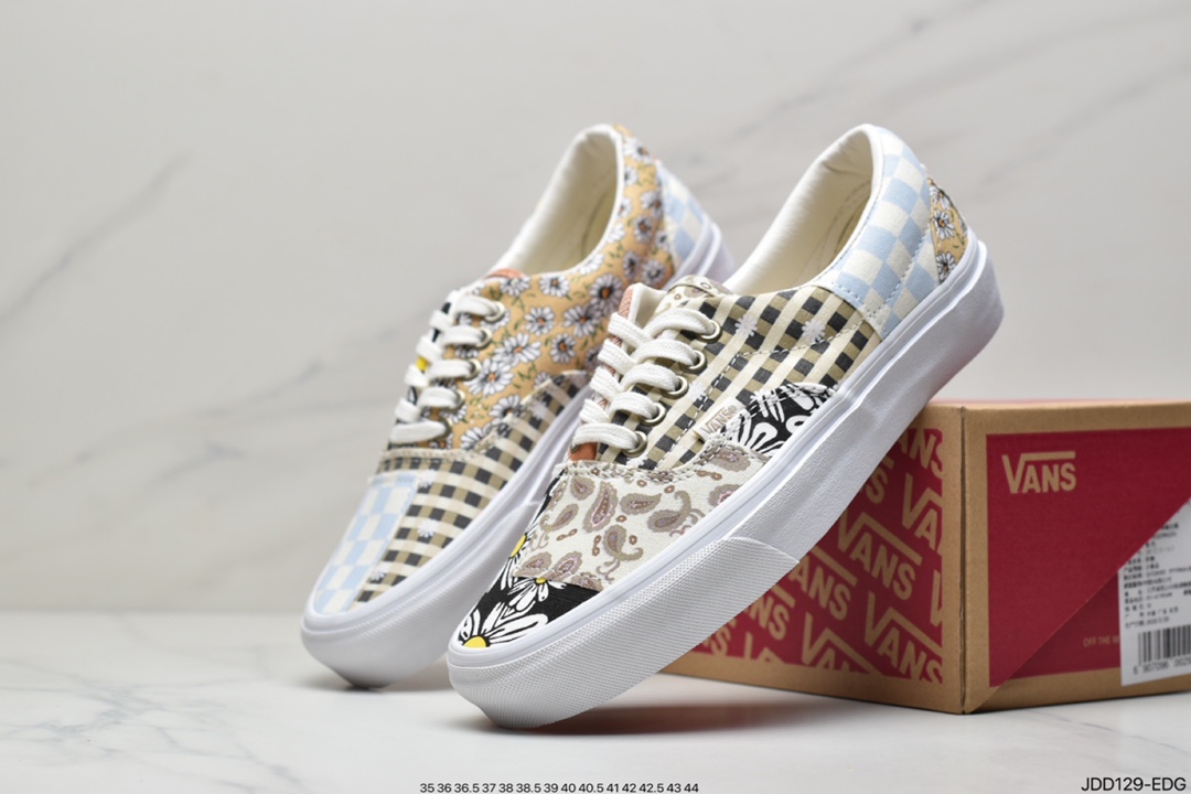 VANS Era retro limited cashew flower stitching asymmetric checkerboard retro canvas shoes