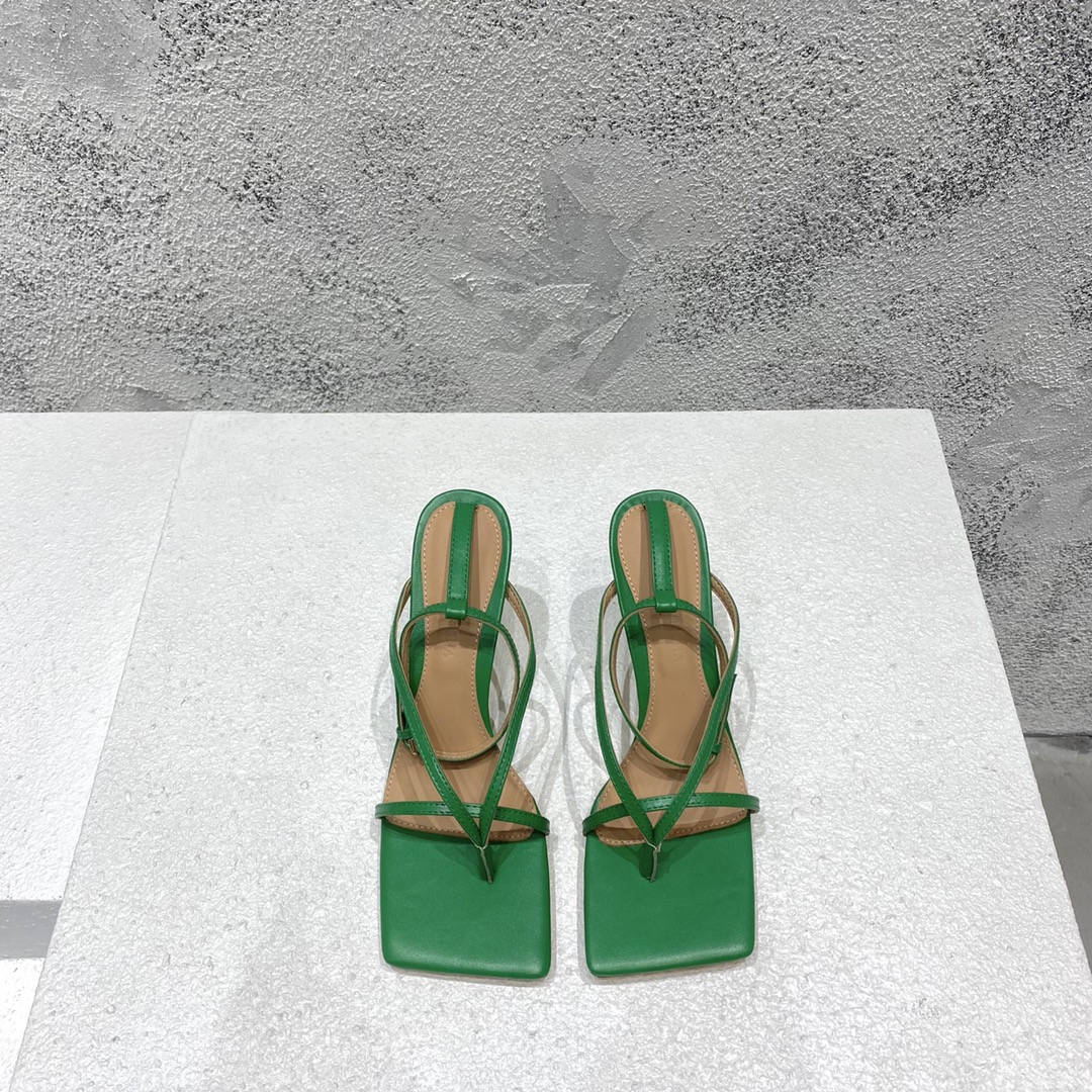 Bottega Veneta High Heel Sandals Lambskin Square Toe Ankle Strap Green