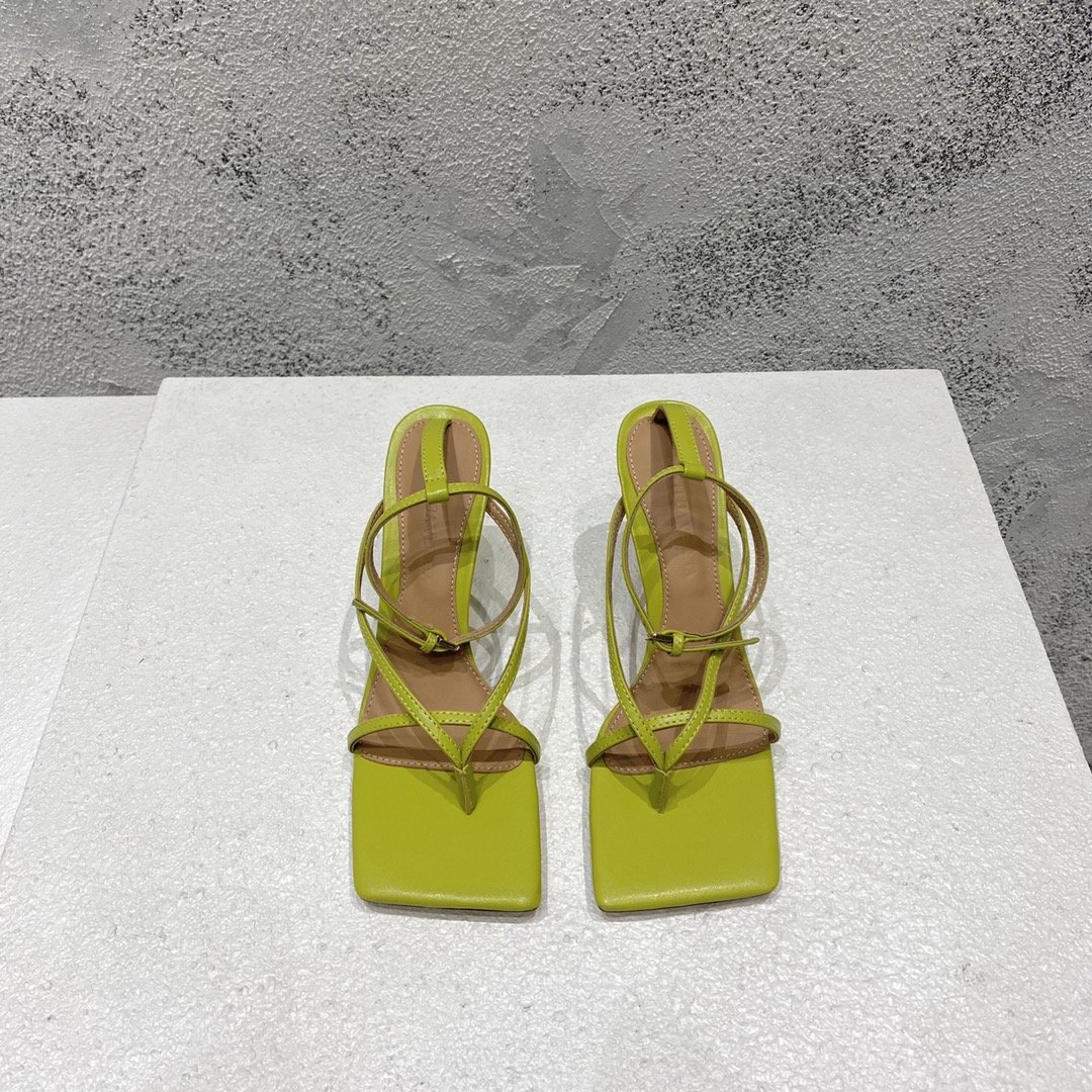 Bottega Veneta High Heel Sandals Lambskin Square Toe Thin Straps Green